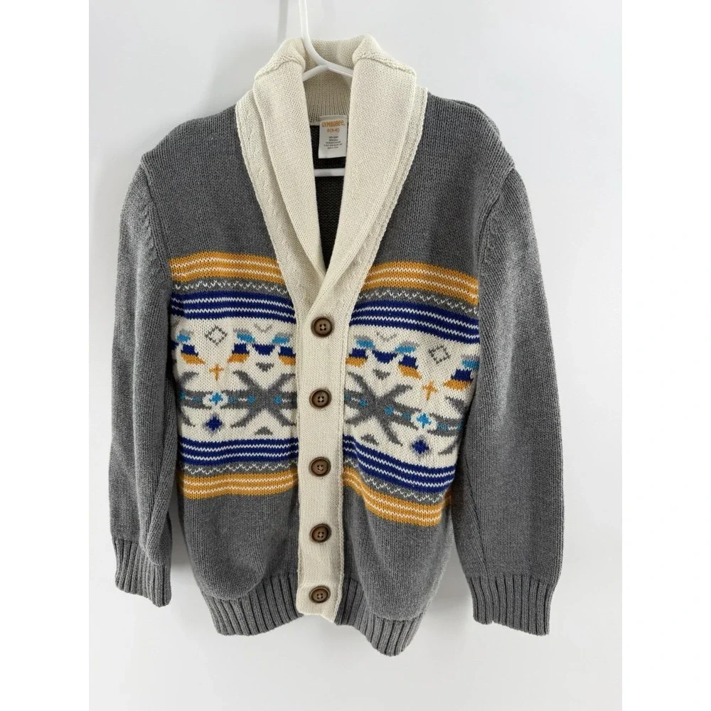 Gymboree Boys Sweater Size S 5/6 Gray Aztec Fair Isle Knit Shawl Collar Cardigan